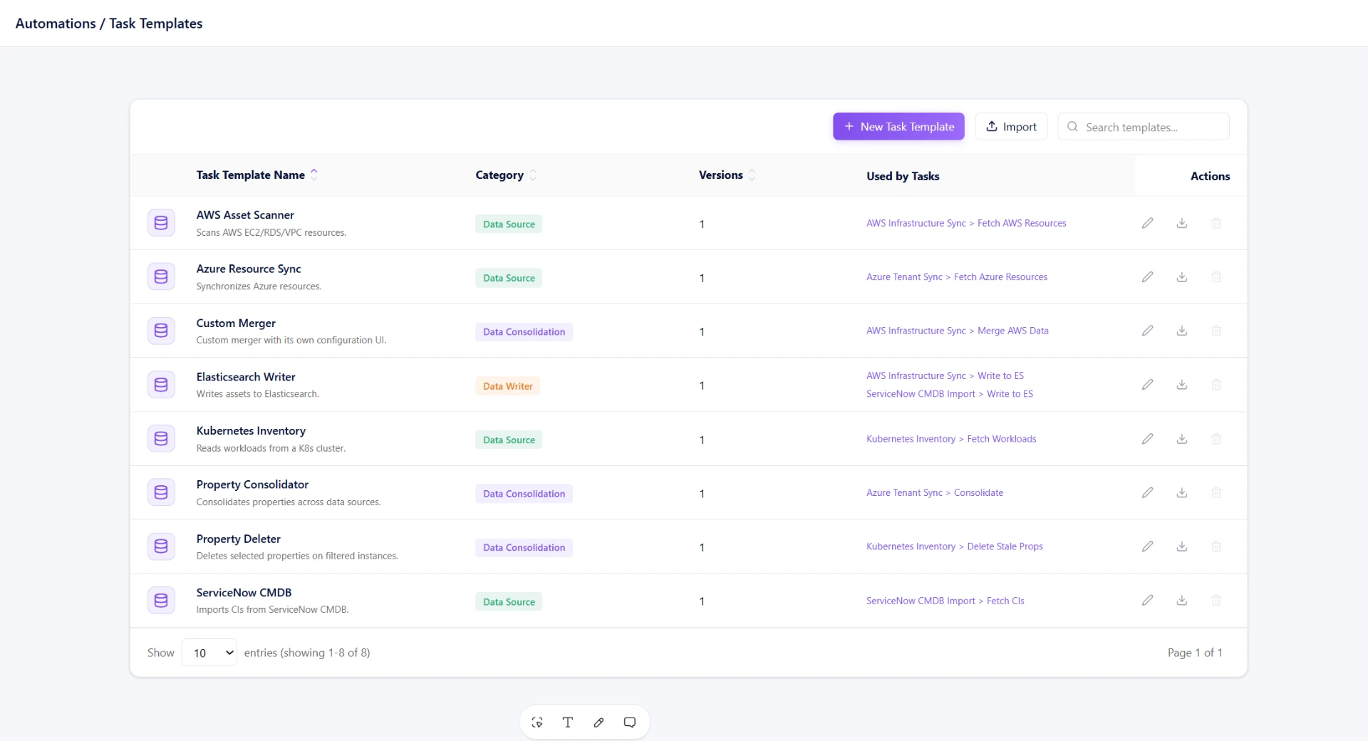 Qbilon automations task template library with data source, consolidation and writer templates