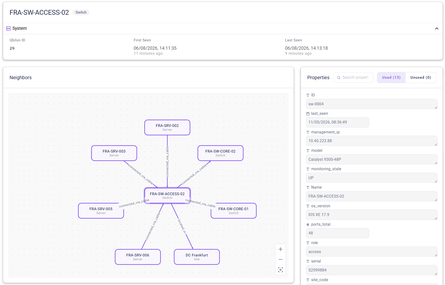 Qbilon asset detail view with neighbor graph and properties
