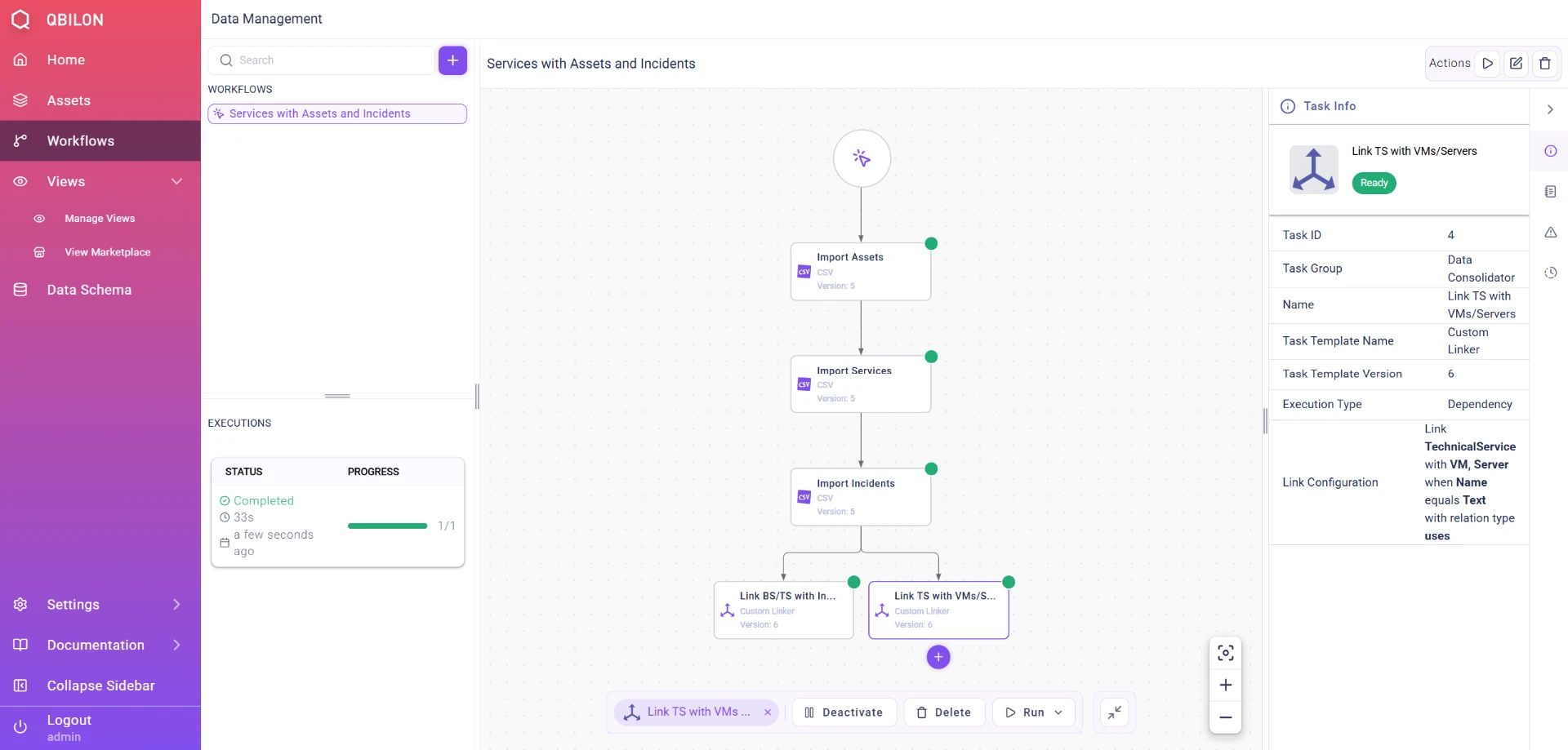 Qbilon workflow editor with an automated data management pipeline